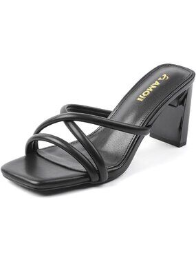 Women's Black 3 Inches Slip On Block Heels Square Toe Casual Heeled Sandals
